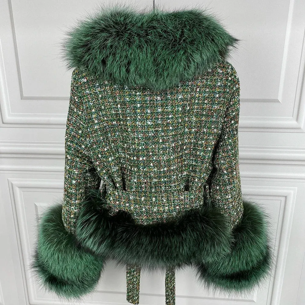 Women's Premium Tweed Coat with Fox Fur Trim