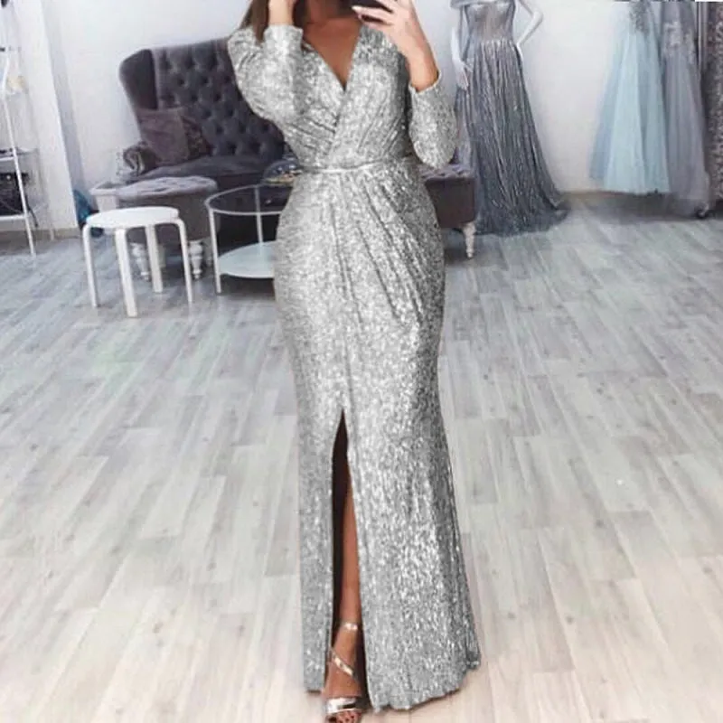 Womens Sexy Deep V-Neck Gown Long Sleeve Party Dress