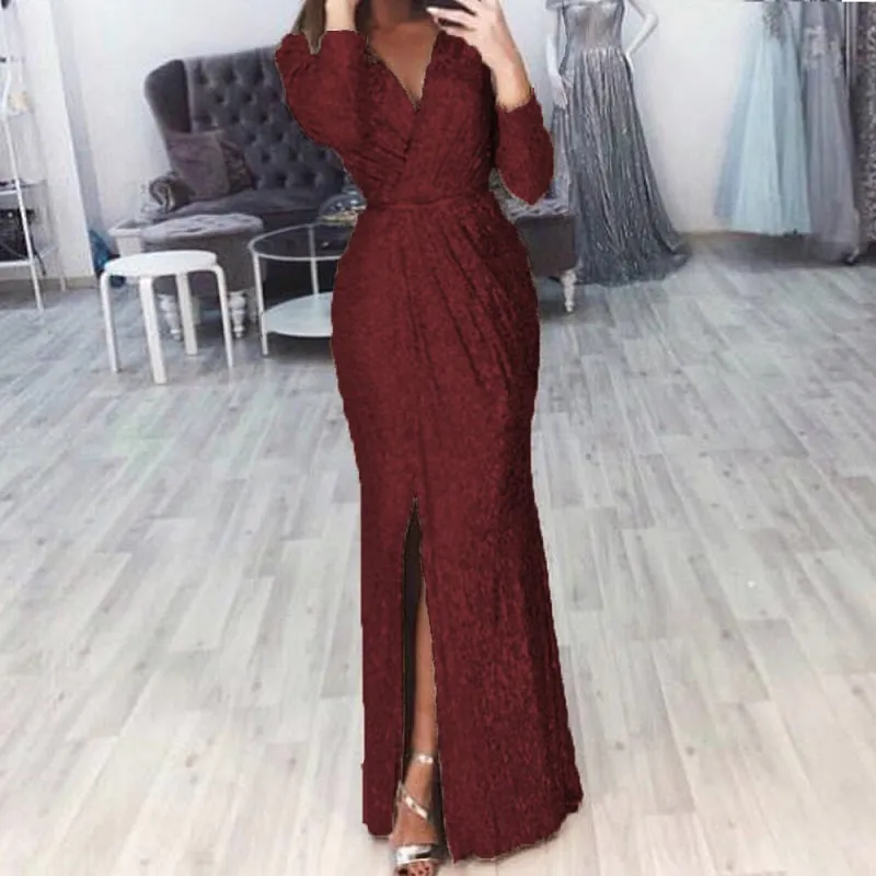 Womens Sexy Deep V-Neck Gown Long Sleeve Party Dress