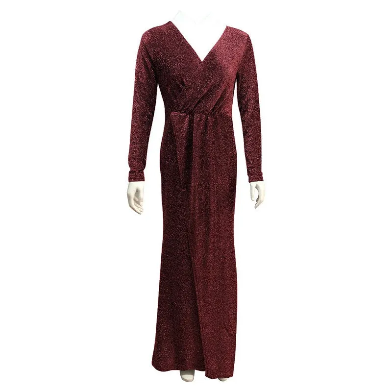 Womens Sexy Deep V-Neck Gown Long Sleeve Party Dress