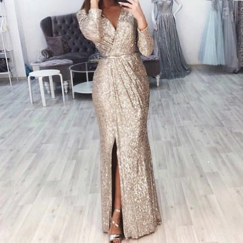 Womens Sexy Deep V-Neck Gown Long Sleeve Party Dress