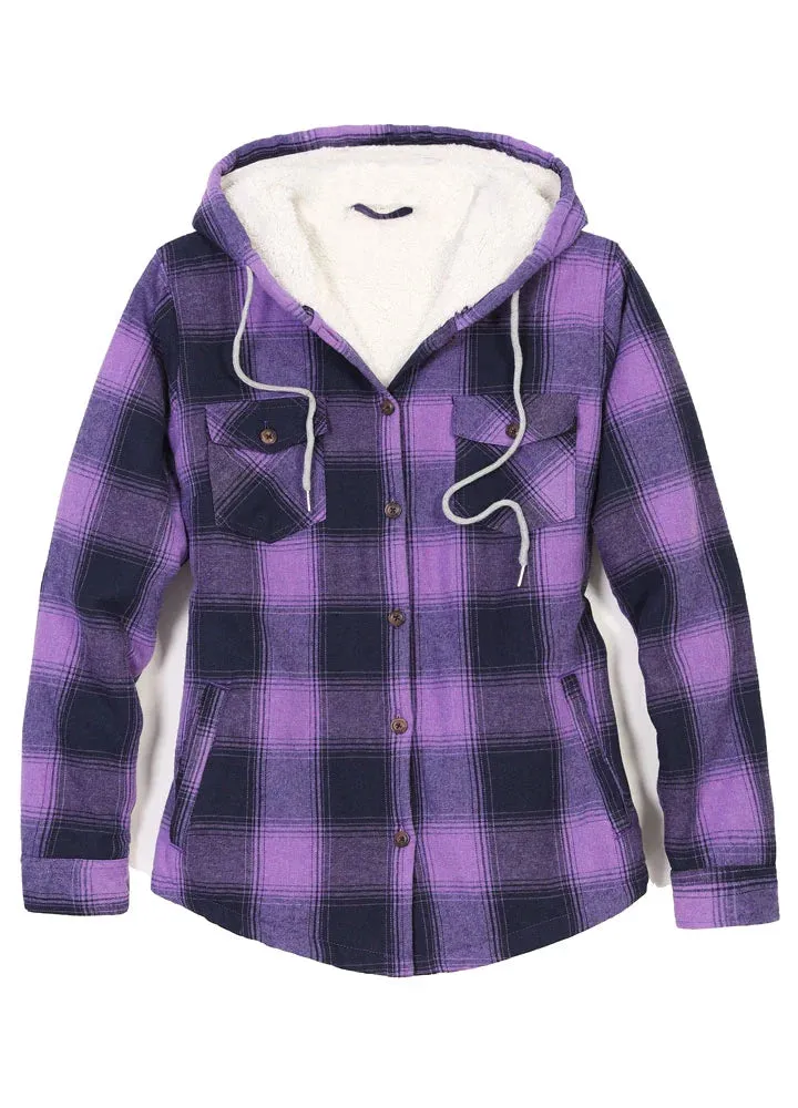 Women's Sherpa Lined Flannel Jacket with Hood, Button Up Plaid