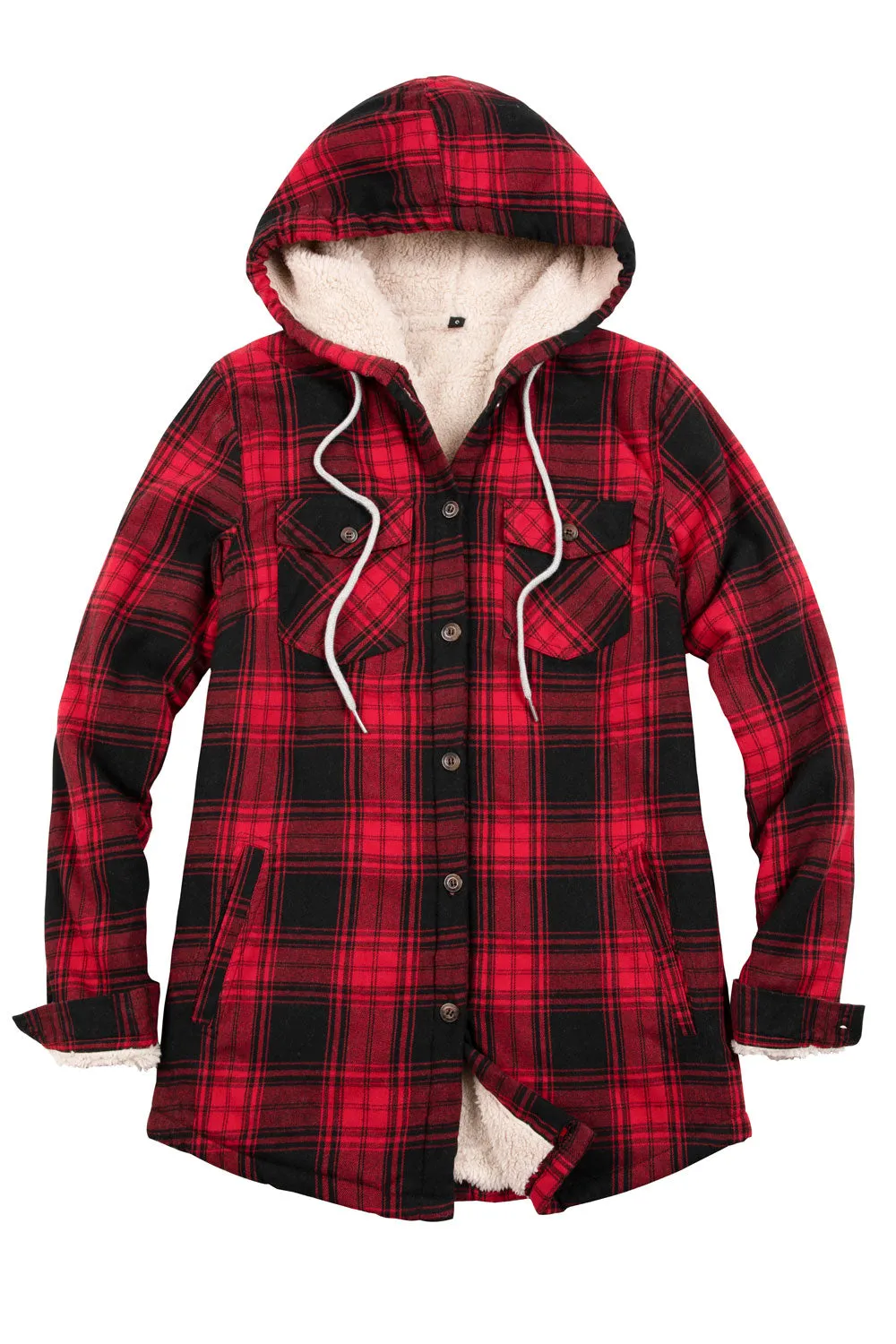 Women's Sherpa Lined Flannel Jacket with Hood, Button Up Plaid