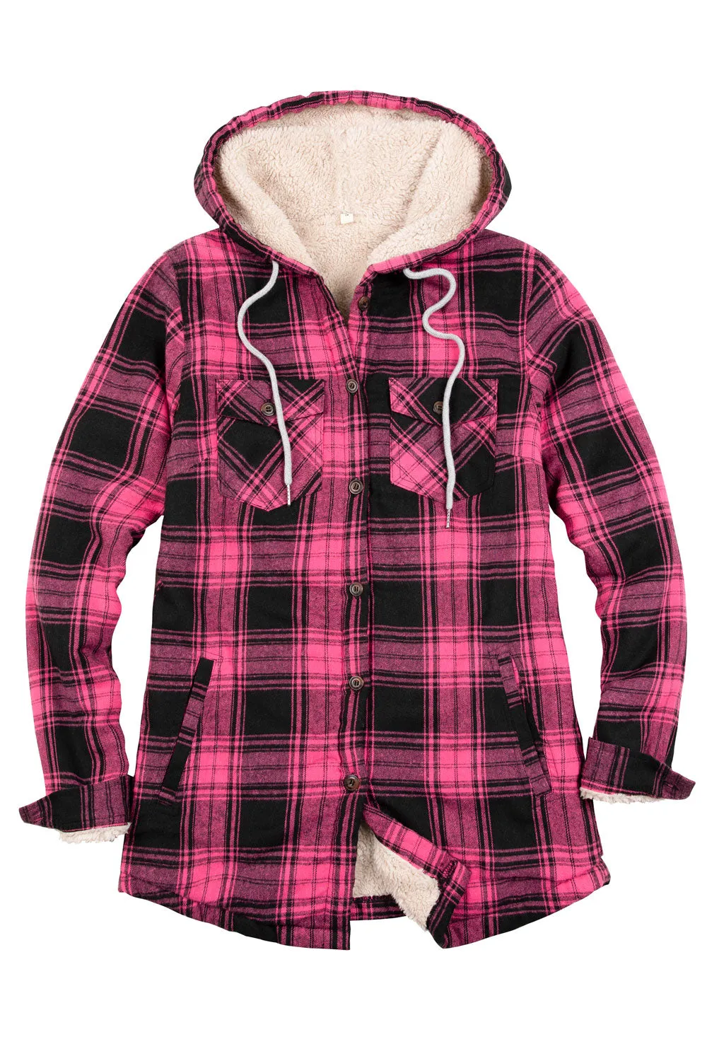 Women's Sherpa Lined Flannel Jacket with Hood, Button Up Plaid