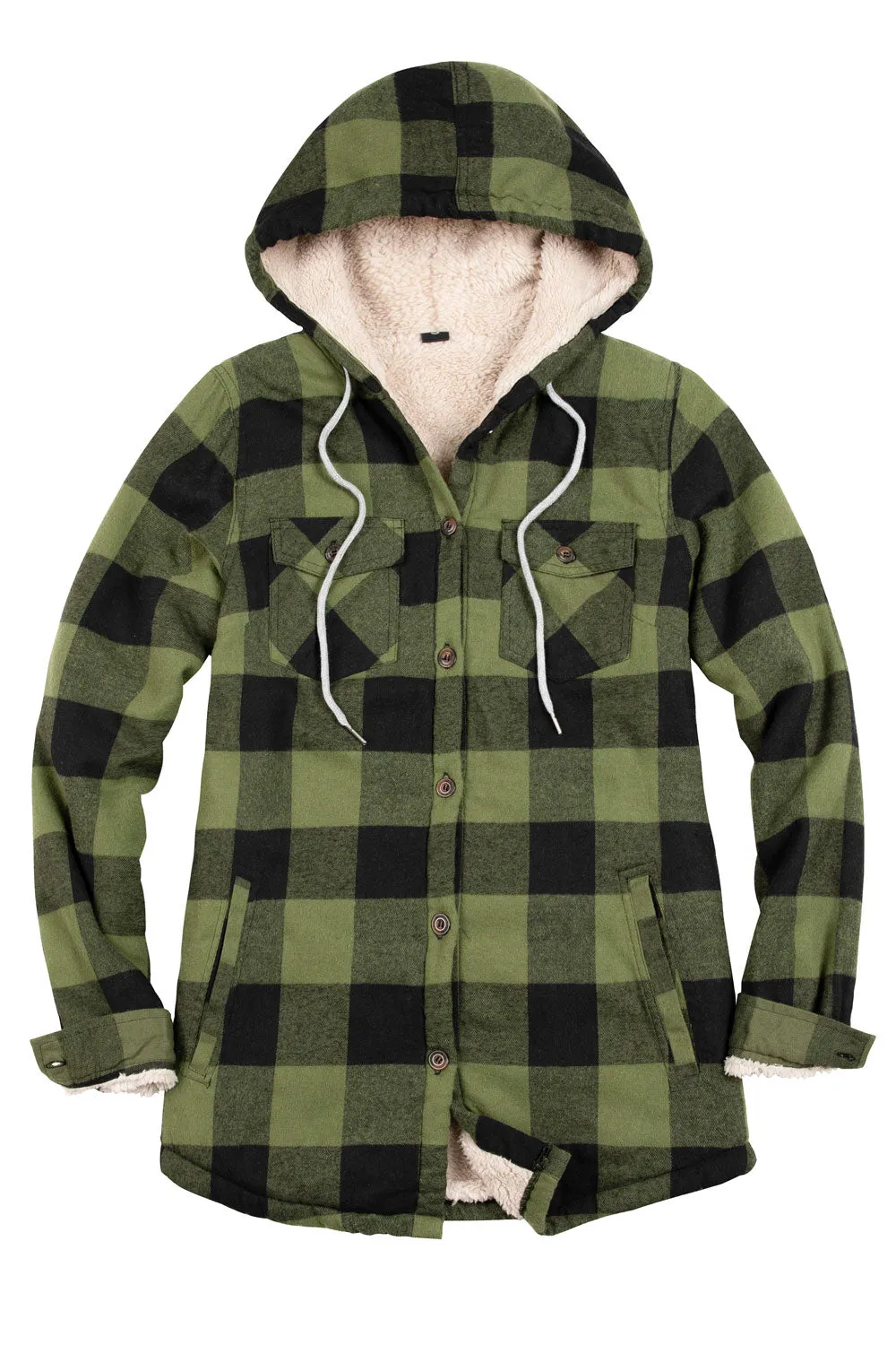 Women's Sherpa Lined Flannel Jacket with Hood, Button Up Plaid