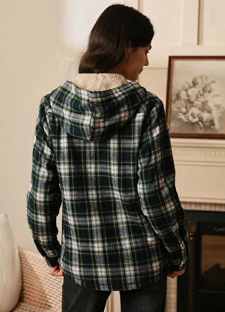 Women's Sherpa Lined Flannel Jacket with Hood, Button Up Plaid