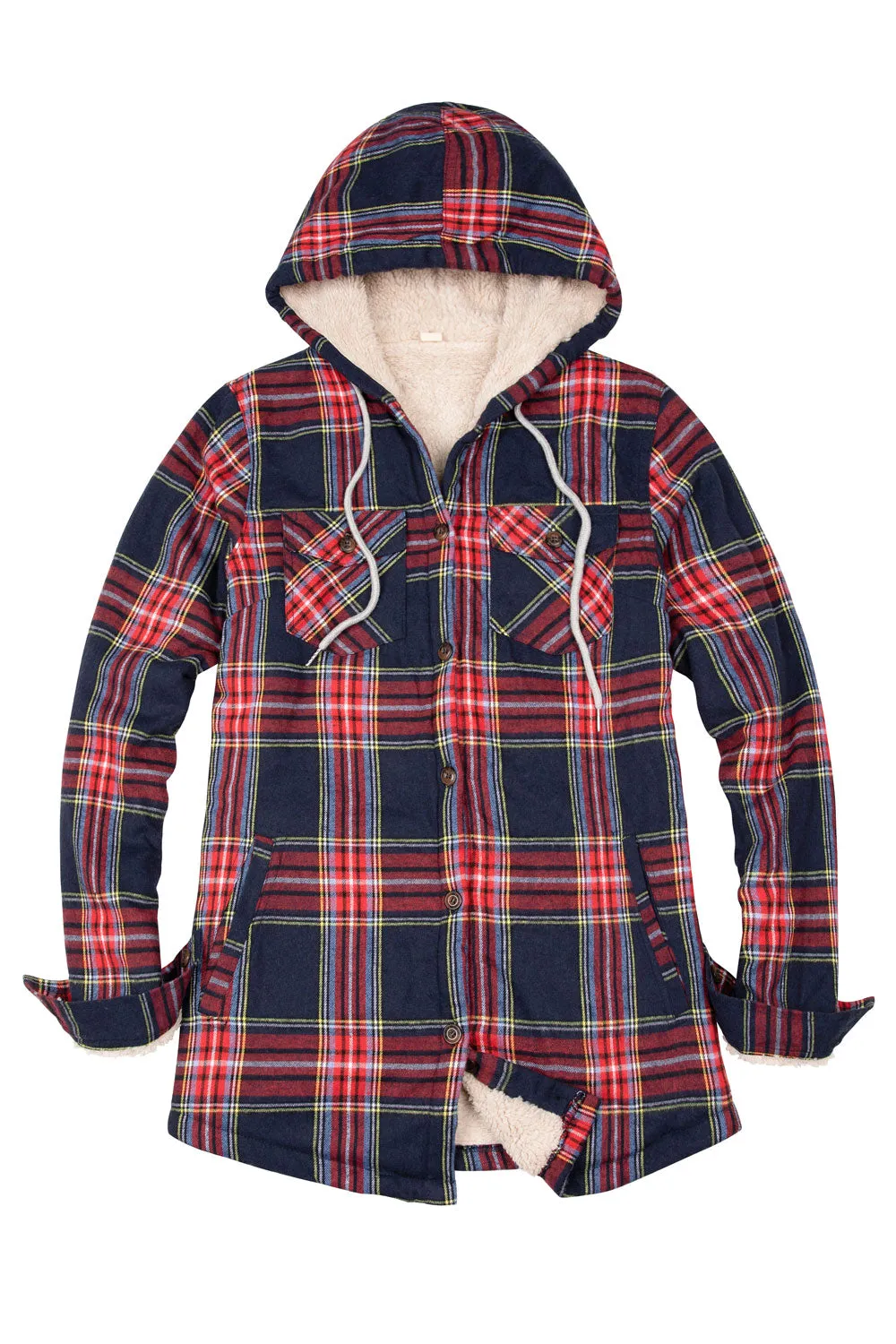 Women's Sherpa Lined Flannel Jacket with Hood, Button Up Plaid