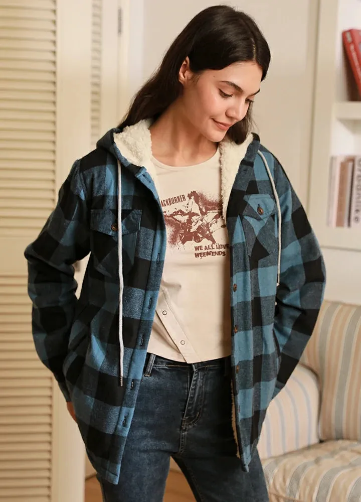 Women's Sherpa Lined Flannel Jacket with Hood, Button Up Plaid