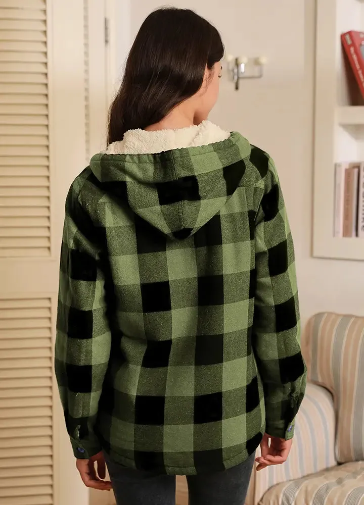 Women's Sherpa Lined Flannel Jacket with Hood, Button Up Plaid