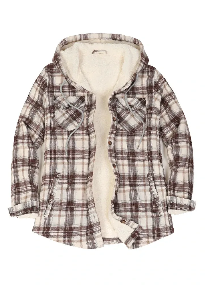 Women's Sherpa Lined Flannel Jacket with Hood, Button Up Plaid