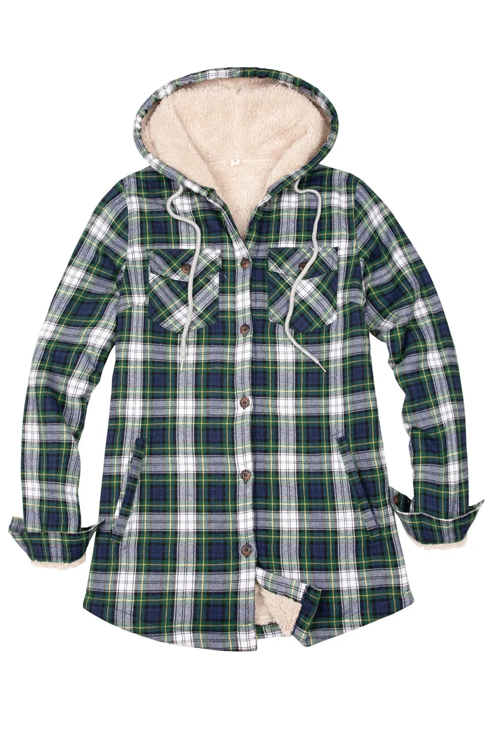 Women's Sherpa Lined Flannel Jacket with Hood, Button Up Plaid