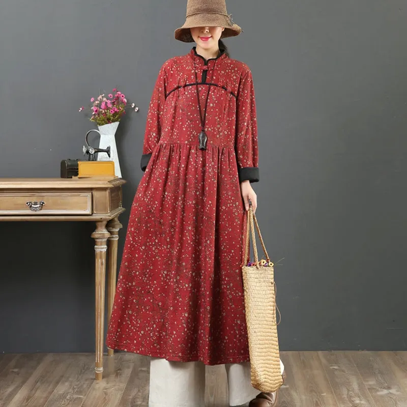 Women's Warm Loose Retro Floral Dress