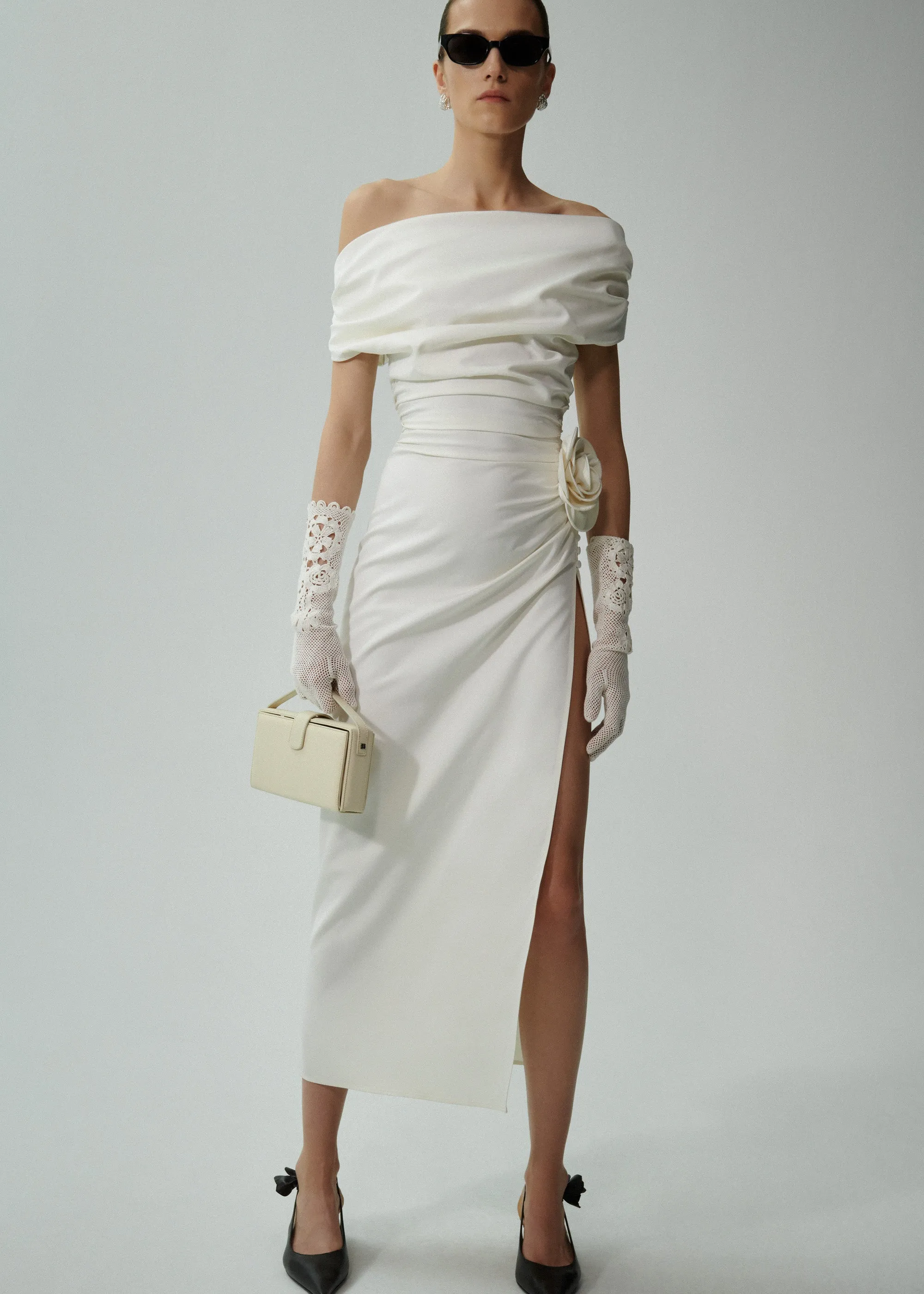 Wrap shoulder silk midi dress in cream