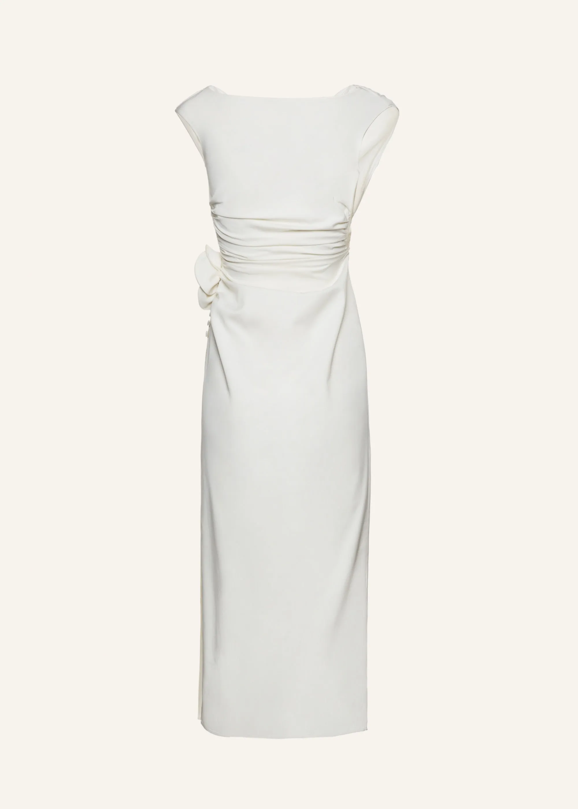 Wrap shoulder silk midi dress in cream