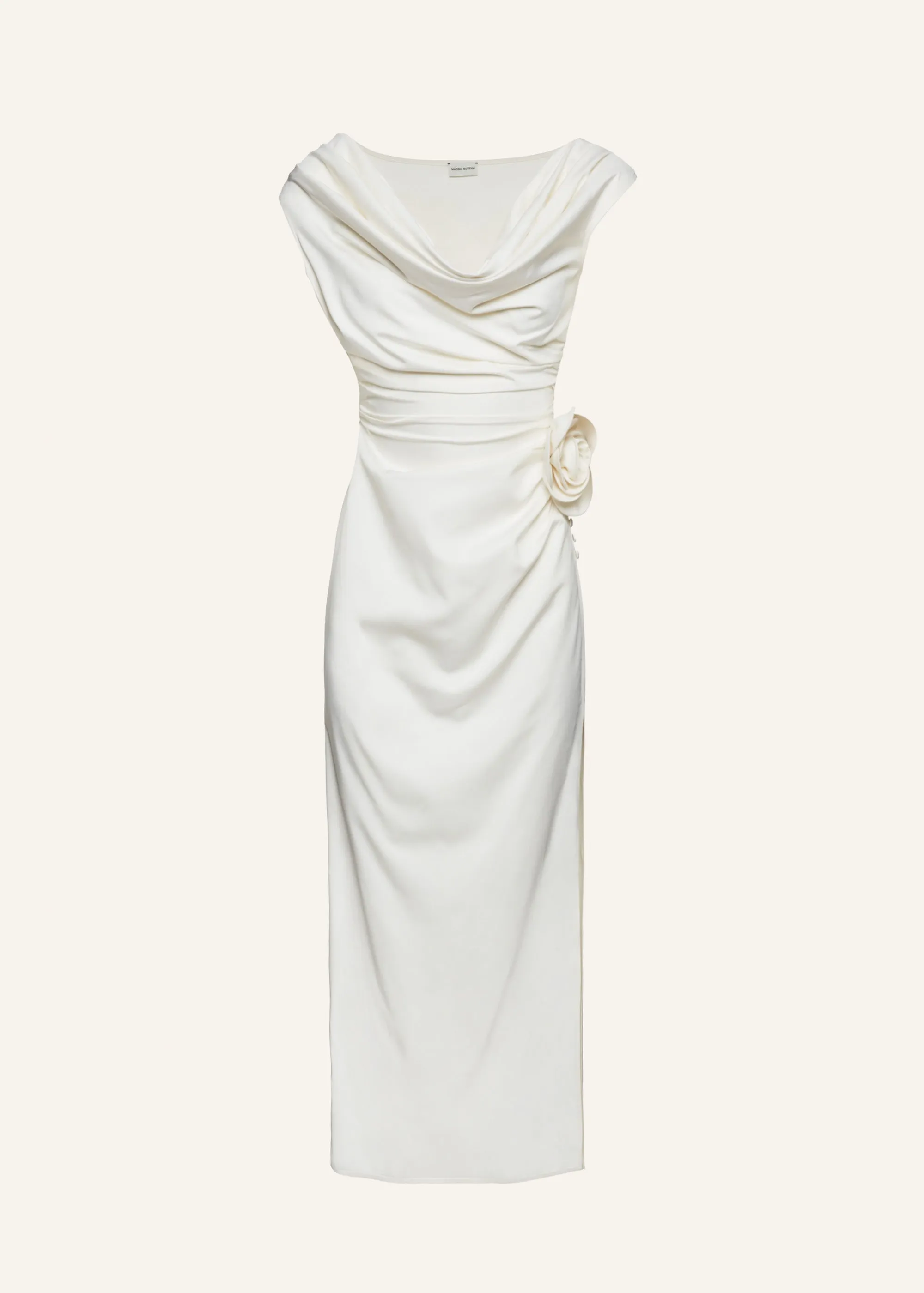 Wrap shoulder silk midi dress in cream