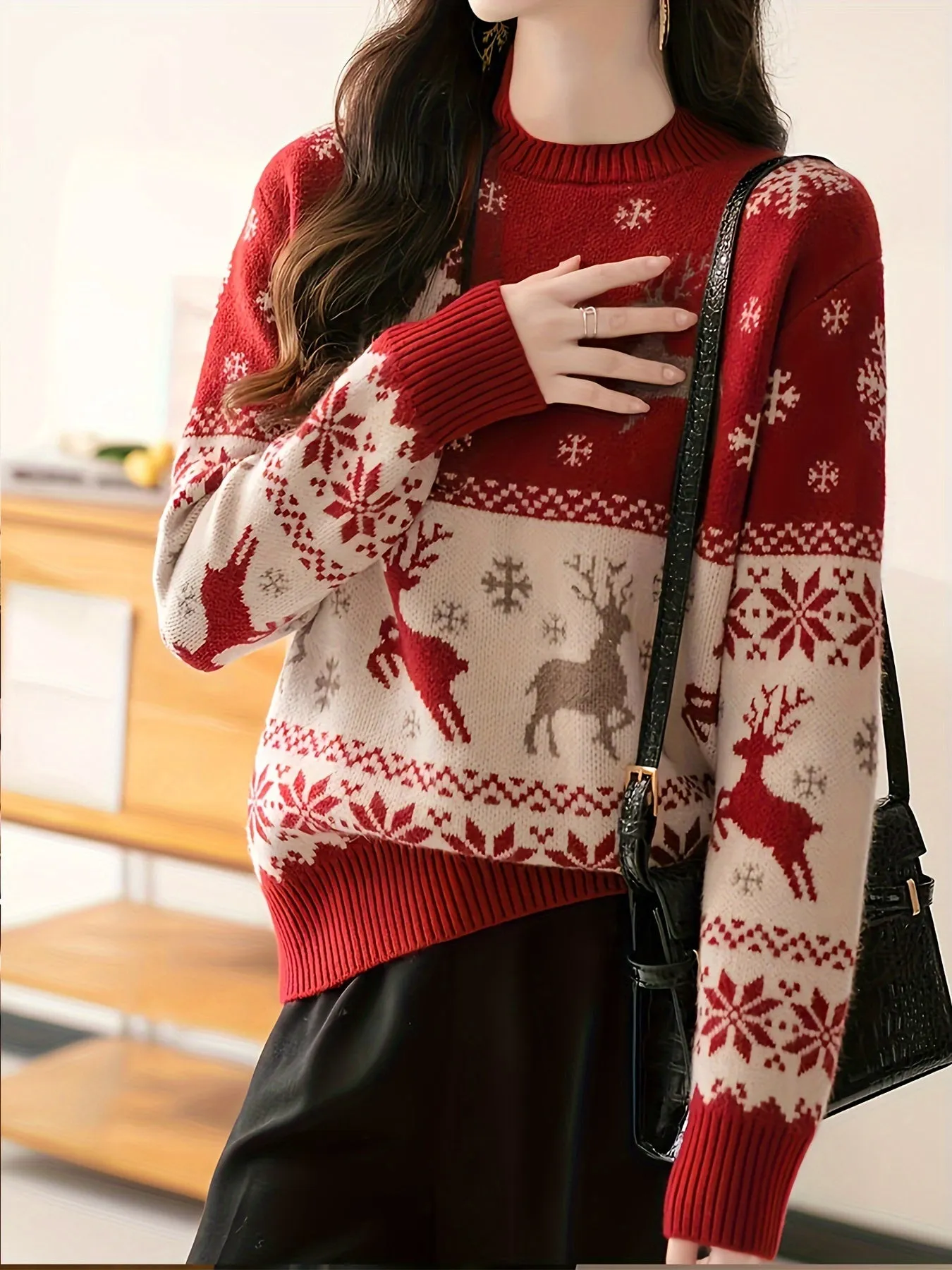 Yuletide Fashion, Elegant Red Christmas Knit Sweater for Women - Casual & Chic, Long Sleeve, Round Neck Pullover Top