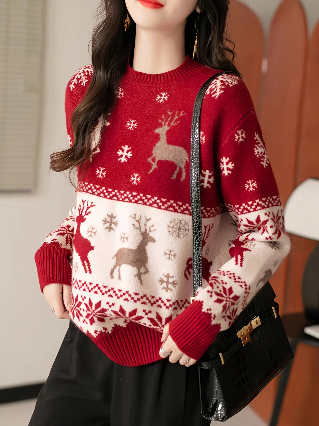 Yuletide Fashion, Elegant Red Christmas Knit Sweater for Women - Casual & Chic, Long Sleeve, Round Neck Pullover Top