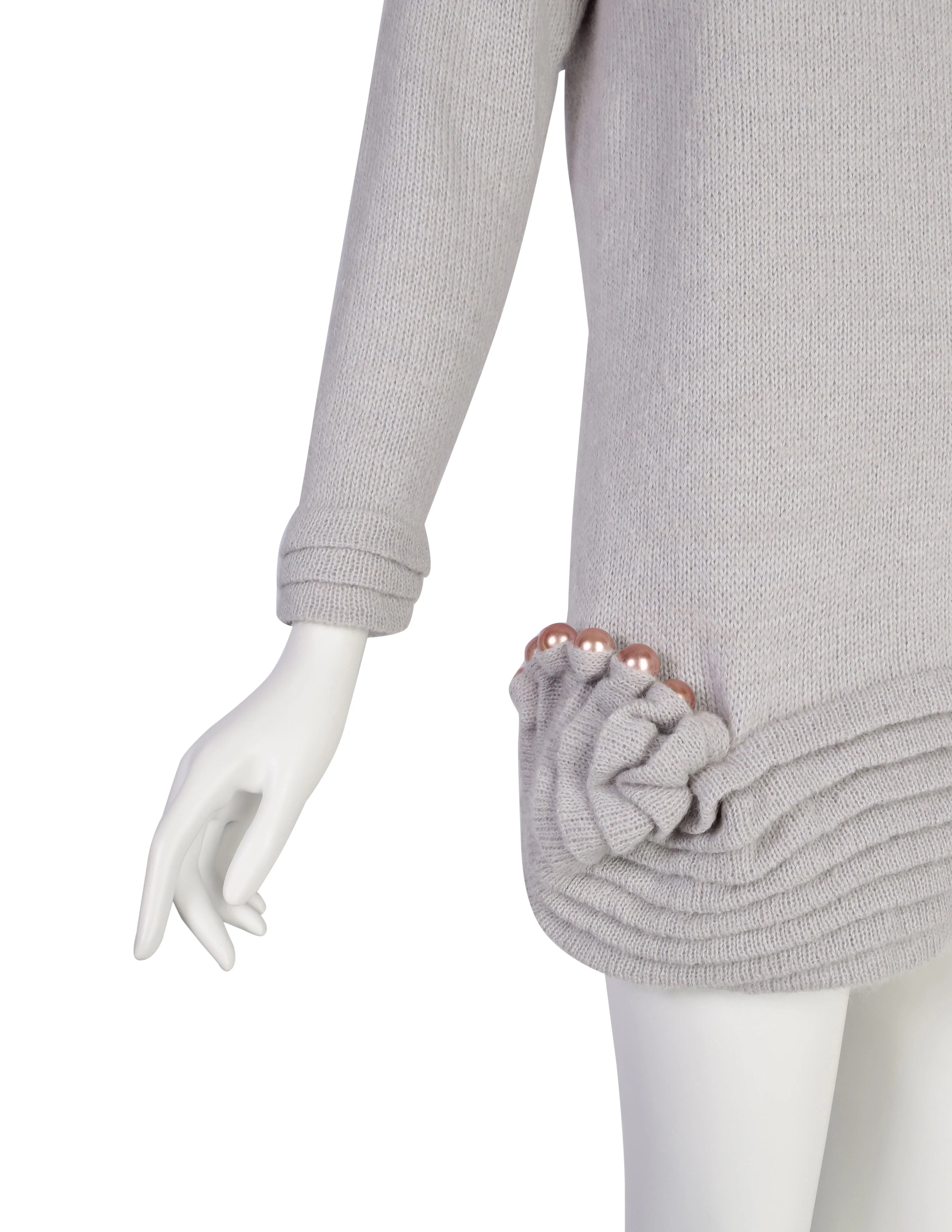 Zandra Rhodes Vintage AW 1980 'Elizabethan Collection' Grey Pleated Pearl Embellished Mohair Alpaca Sweater