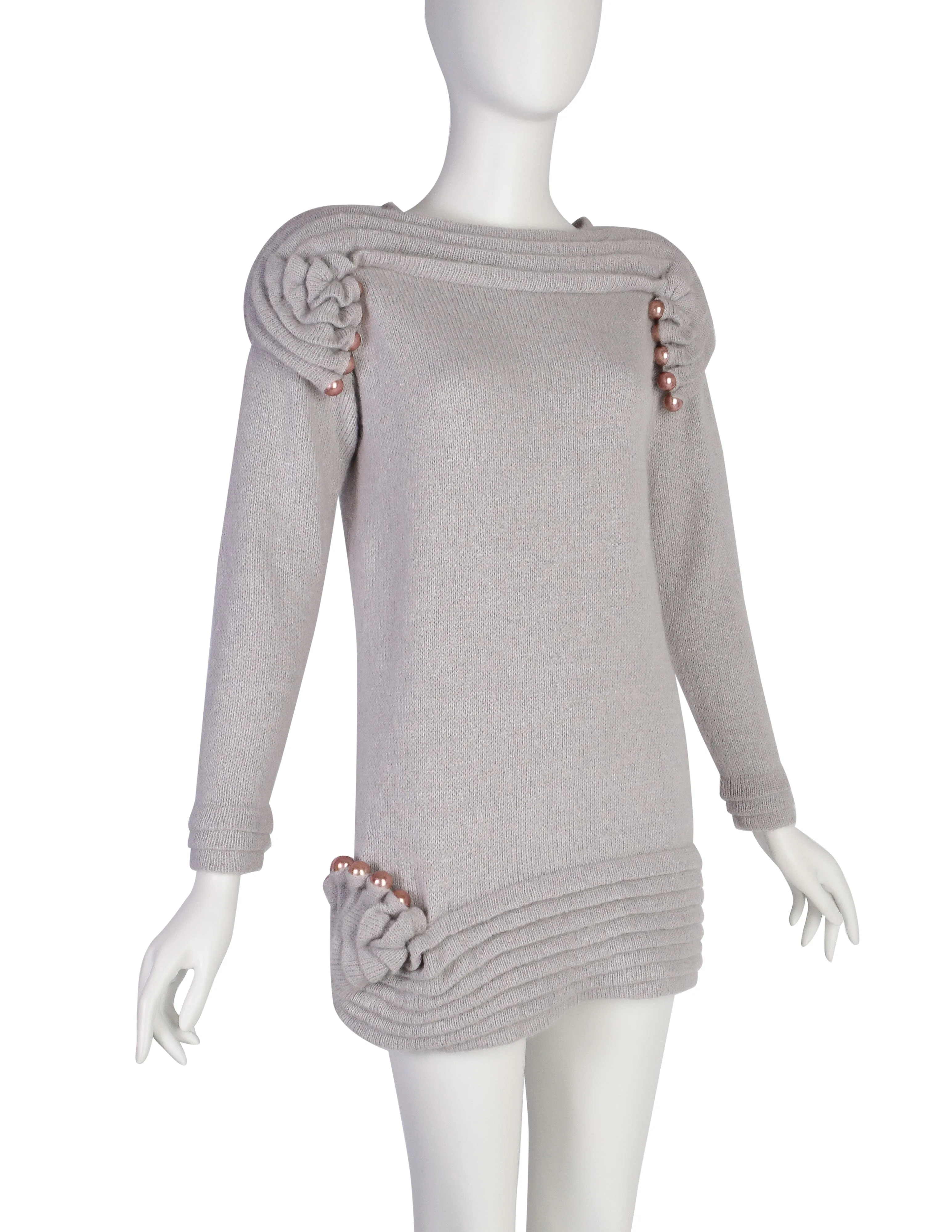 Zandra Rhodes Vintage AW 1980 'Elizabethan Collection' Grey Pleated Pearl Embellished Mohair Alpaca Sweater