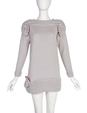 Zandra Rhodes Vintage AW 1980 'Elizabethan Collection' Grey Pleated Pearl Embellished Mohair Alpaca Sweater