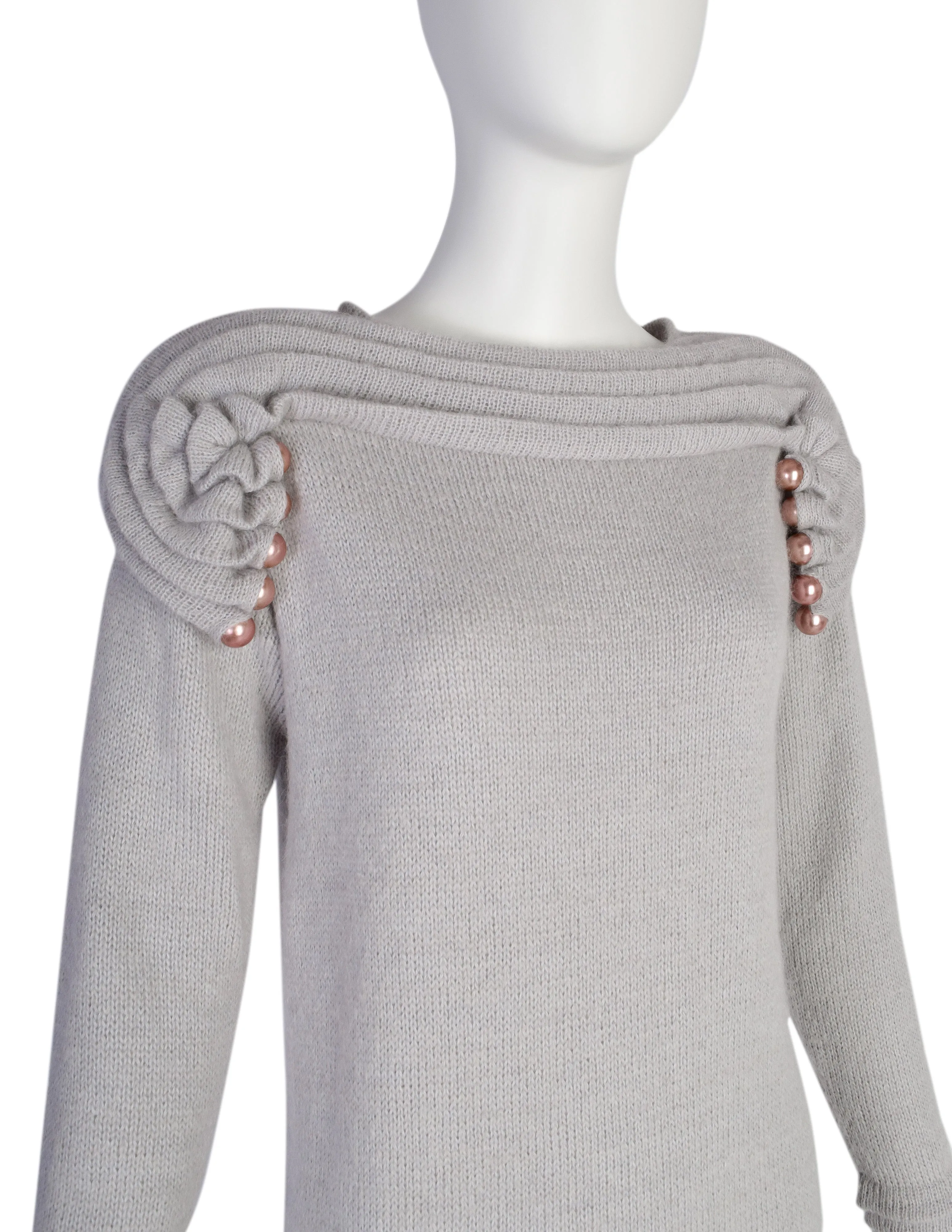 Zandra Rhodes Vintage AW 1980 'Elizabethan Collection' Grey Pleated Pearl Embellished Mohair Alpaca Sweater