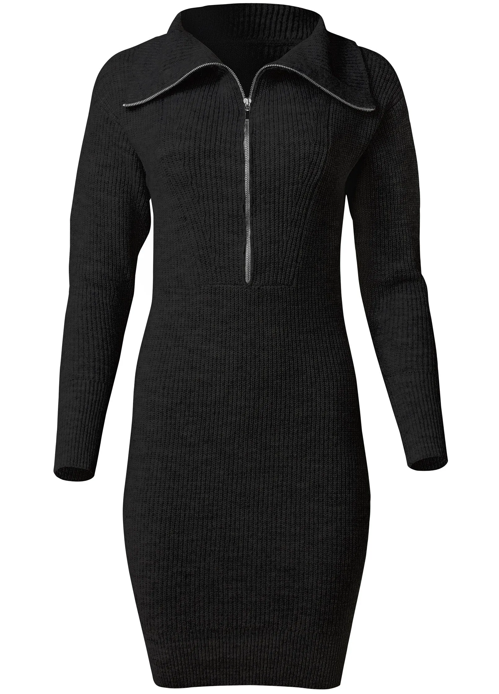 Zip Front Sweater Dress  - Black